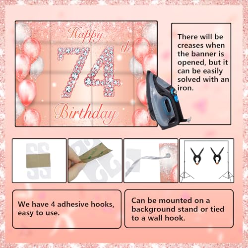 Image of Happy 74th Birthday Rose Gold Banner Cheers to 74 Years Old Backdrop Confetti Balloons Theme Decor for Women 74 Years Old Pink Birthday Party Decorations Bday Supplies Background Favors Gift Glitter