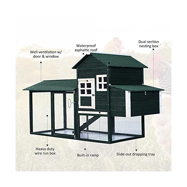 PawHut 84" Large Chicken Coop, Hen House Wooden Outdoor Chicken Coop with Run Nesting Box, Water-Resistant Roof, Removable Tray, Ramp, Green - Image 7
