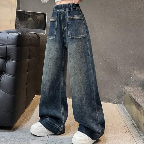 Girls Wide Leg Pants Baggy Boot-Cut Stretch Jeans Kids Elastic High Waist Casual Washed Demin Pants with Pockets4