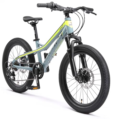 BIKESTAR Alu Mountainbike Jugendfahrrad 20 Zoll ab 6-9 Jahre Hardtail | 7 Gang Shimano Schaltung, Scheibenbremse, Federgabel | Kinder Fahrrad Grau Gelb | Risikofrei Testen