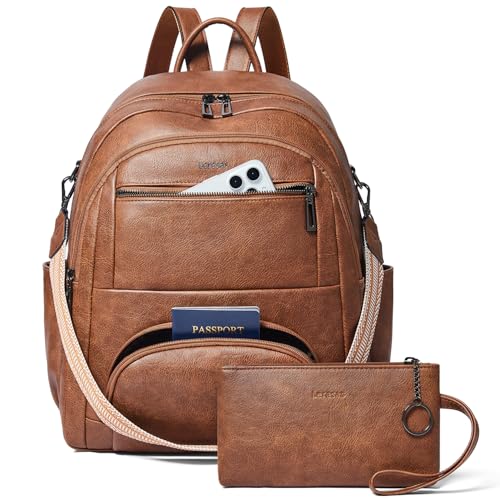 Leresas Mochila de 35 L para mujeres y hombres, para el trabajo, viajes, universidad, mochila de cuero vegano, mochila de hombro para laptop de 17 pulgadas, Marrón, 16 inches (L) x 8.5 inches (W) x 16