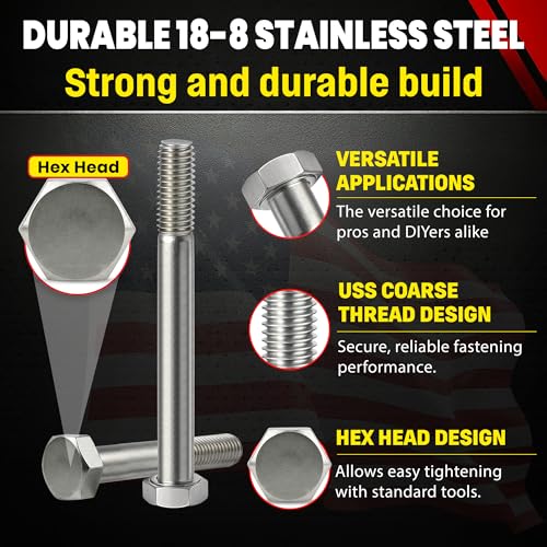 Image of Chenango Supply 5 /8-11 x 6 Stainless Steel Hex Head Bolts | 304 Stainless, USS Coarse Thread, 100,000-125,000 PSI Tensile Strength, Corrosion-Resistant Hardware Bolts, (10 Pieces)