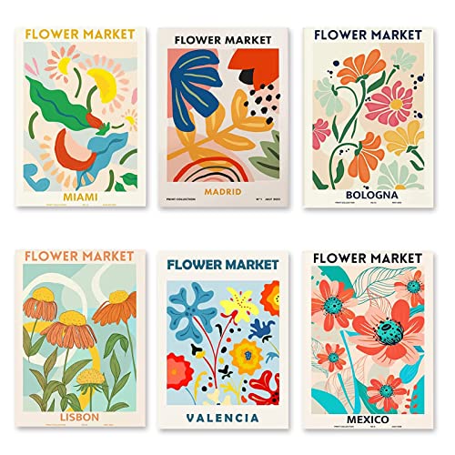 Juego de 6 pósteres de FLOWER MARKET - Elegantes impresiones artísticas de flores A4 modernos murales vintage decoración de pared sin marco - póster premium para salón, dormitorio, comedor