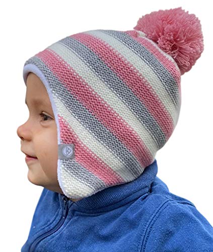 Preisvergleich Produktbild HILLTOP Babymütze, doppellagig, hochwertige Kinder Wintermütze, Strickmütze für Jungen und Mädchen, Fleece-Futter. Passend bei einem Kopfumfang von 47-48 cm. Winter Kollektion 2019:Rosa-Grau-Gestreift
