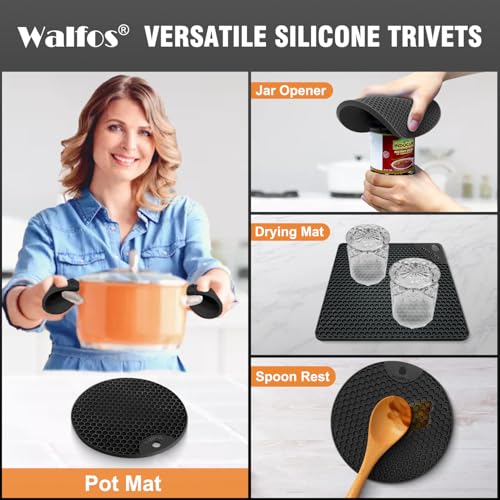 Image of Walfos Silicone Trivet Mats - 4 Heat Resistant Pot Holders, Multipurpose Non-Slip Hot Pads for Kitchen Potholders, Hot Dishers, Jar Opener, Spoon Holder, Food Grade Silicone & BPA Free (Black)
