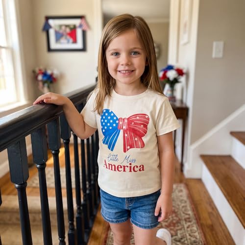 Image of Kids Toddler Girls 4th of July T-Shirt Coquette Bowknot Patriotic USA 250 American Flag Independence Day Top