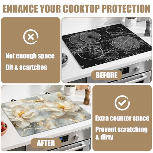 Image of Magnolia flower Stove Top Covers for Electric Stove,Gold Marble Electric Gas Stove Pad Heat Resistant Range Cooktop Protector for Home Decor Kitchen 28 inchx20 inch