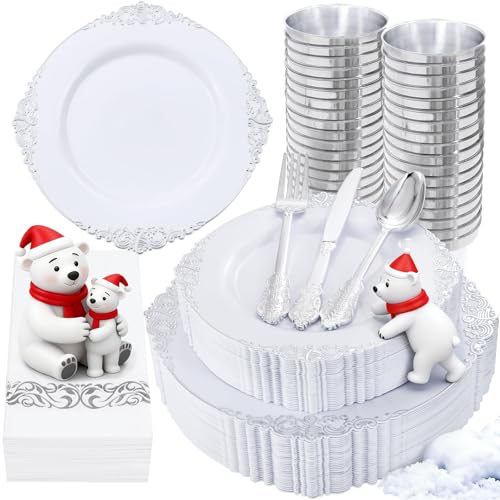 Nervure 350PCS Silver Plastic Dinnerware - White and Silver Disposable Plates for 50 Guests - 100...
