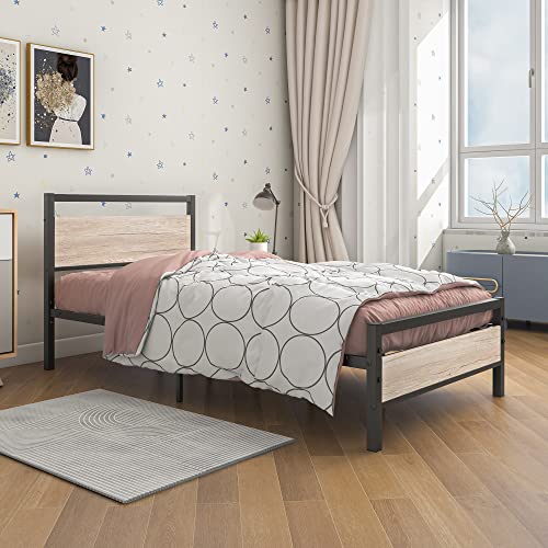 Bofeng Metal Bed Frame Twin Size With Vintage Wood Headboard And Footboard,Heavy Duty Metal Platform Bed Frames No Box Spring Needed,Mattress Foundation Firm Steel Slat Support(Natural Oak) #TOP5