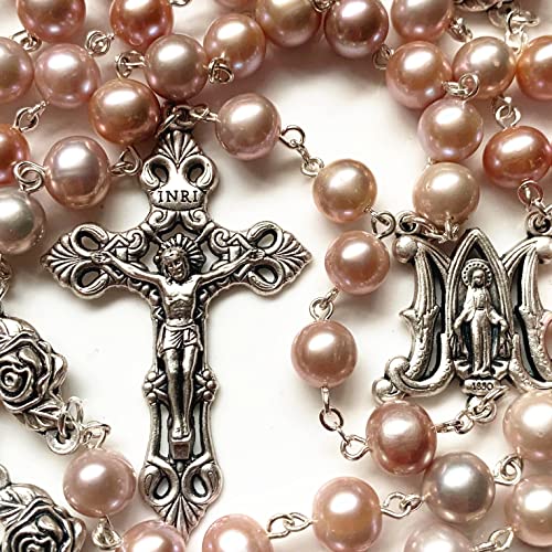 elegantmedical CATHOLIC AAA 8mm REAL PEARL Pearls SILVER ROSE BEADS ROSARY CROSS NECKLACE BOX3