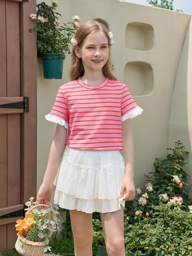 Image of Haloumoning Girls Striped Ruffle Short Sleeve T Shirts Kids Summer Crewneck Tops Casual Tees 5-14 Years