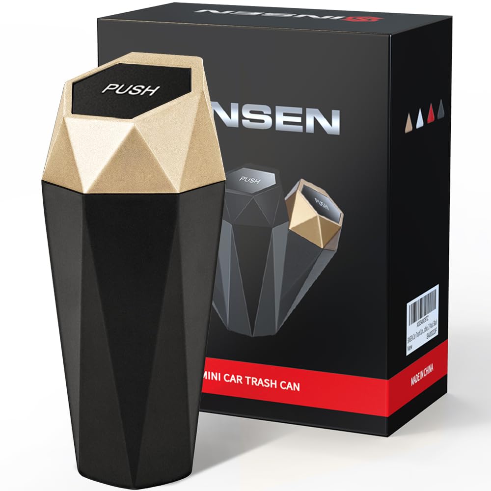 SINSEN - Cubo de basura para coche con tapa, contenedor de basura para camión y organizador interior, accesorios imprescindibles, mini cubo de basura con forma de diamante para viajes por carretera, a prueba de fugas, para cocina, dormitorio y coche, disponible en dorado.