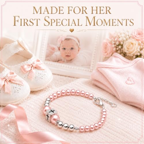 Image of Pink Pearl Bracelet, Sterling Silver Cross Charm Baptism Gifts for Girl