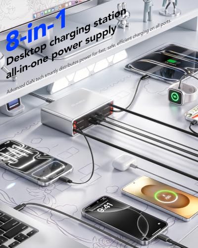 Image of 8-in-1 Charging Station for Multiple Devices,Retractable Charger for iPhone | HATALKIN 105W Retractable Charging Station,Fast Charger for iPhone 17,Galaxy S26,iPad,MacBook,Home Office,Desktop Accessories