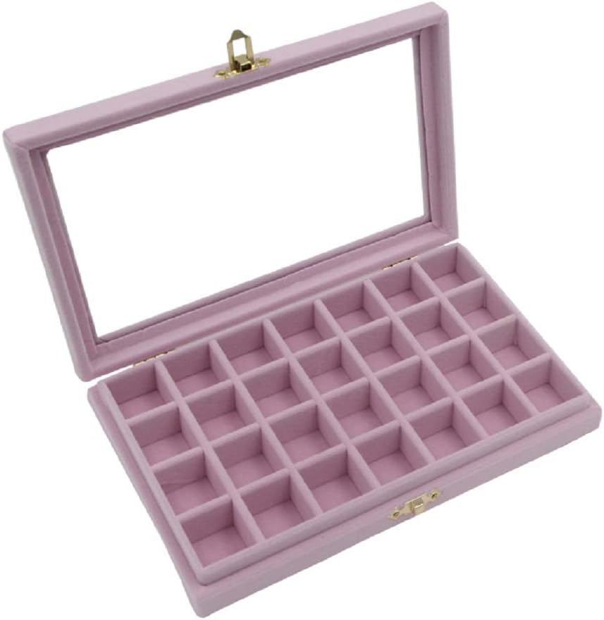 Funnuf 24 Grids Velvet Multipurpose Jewelry Display Storage Box Tray Holder for Ring Earrings, Pink