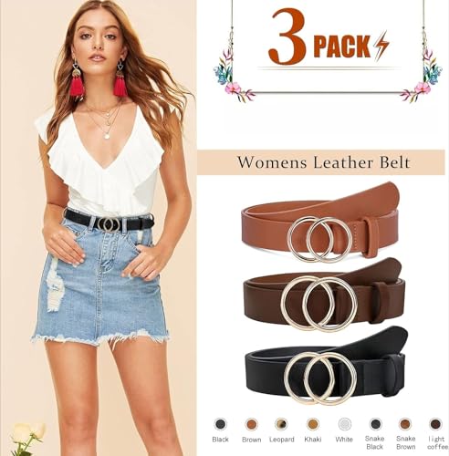 Women's Genuine Leather Belts - Double O-Ring Buckle Adjustable Waist Belts (Fits up to 58")2