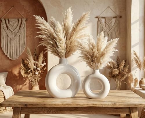 Image of Ceramic Donut Vase Modern Flower Vase | Decorative Centerpiece Vase for Pampas Grass Dried Flowers | Minimalist Home Office Table Decor | Handcrafted Gift (9+6 Inch (Pack-2))