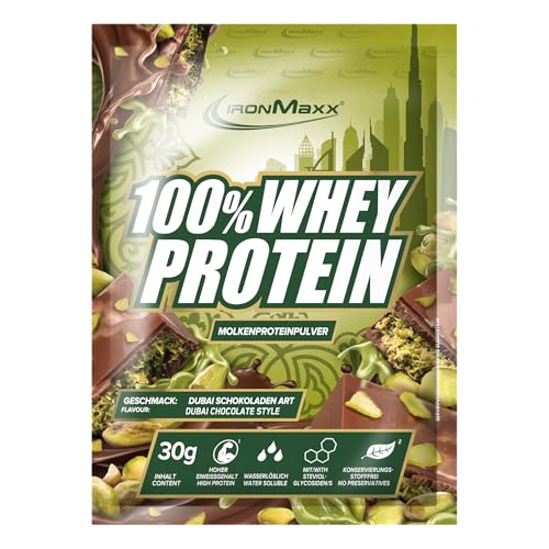 IronMaxx 100% Whey Protein Pulver 30g - Dubai Schokolade | Cremiger Eiweißshake mit BCAAs & EAAs | High Protein, Low Carb & zuckerarm | Ideal für Muskelaufbau, Diät & Fitness