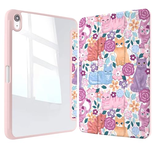 Coque iPad 10.9 rose et chats pour travailler et dessiner au café avec porte-crayon