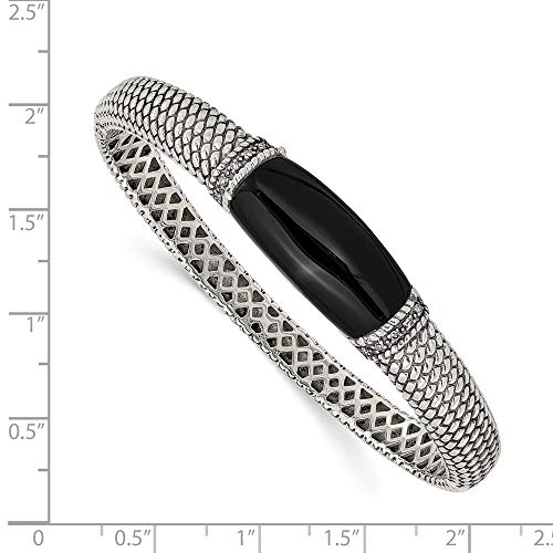 925 Sterling Silver Hinged Prong Set Hidden Catch Box Catch Closure Diamond And Simulated Onyx Cuff Stackable Bangle Bracelet Measures 13Mm Wide Jewelry Gifts For Women #TOP1