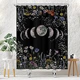 EOVDSFW Mond-Duschvorhang für Badezimmer, Set mit schwarzen Blumen, himmlische Hexe, Gothic, dunkler Weltraum, Stern, Hippie, Badevorhang, 152,4 x 183,9 cm, Polyesterstoff, wasserdicht, Dekor