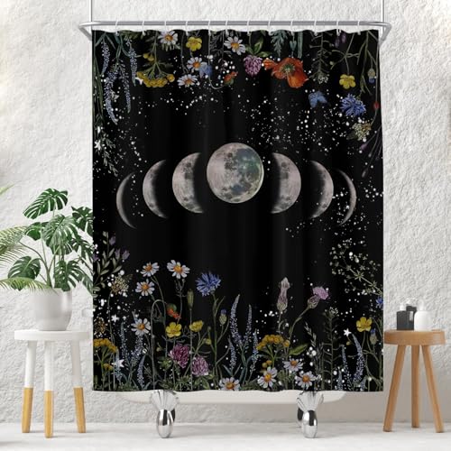 EOVDSFW Mond-Duschvorhang für Badezimmer, Set mit schwarzen Blumen, himmlische Hexe, Gothic, dunkler Weltraum, Stern, Hippie, Badevorhang, 152,4 x 183,9 cm, Polyesterstoff, wasserdicht, Dekor