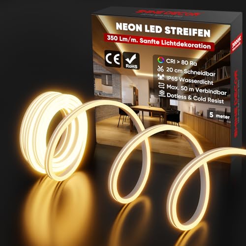 Shine Decor Neon LED Streifen 5m, AC 230V IP65 Wasserdicht LED Band, 120 leds/m Flexible LED-Neon Lichterketten für Home Decoration Küche Garten Beleuchtung (5M, Warmweiß, CE Zertifiziert)