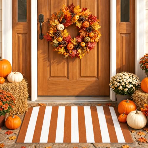 Duraaamo Fall Outdoor Rugs Front Porch 2' X 3' Rust Brown and White Striped Fall Area Rug Machine Washable Farmhouse Door Mat Autumn Layered Rustic Mat for Thanksgiving Outdoor Entryway Decor