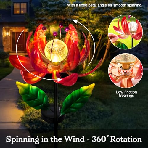 Image of Solar Lights Outdoor Wind Spinners, Metal Lotus Flower Garden Decor with Waterproof LED Crackle Glass Globe for Patio Lawn Yard Outdoor Decor