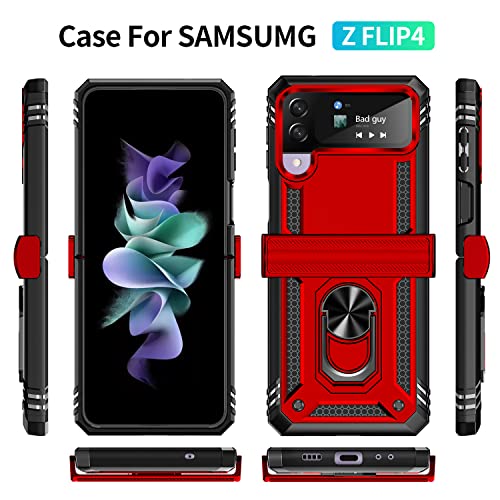 Onola For Samsung Galaxy Z Flip 4 Case, Galaxy Z Flip 3 Case With Hinge Protection And 360°Rotate Ring Magnetic Kickstand Heavy Duty Protective Case For Samsung Galaxy Z Flip 3/4 Phone (Red) #TOP6