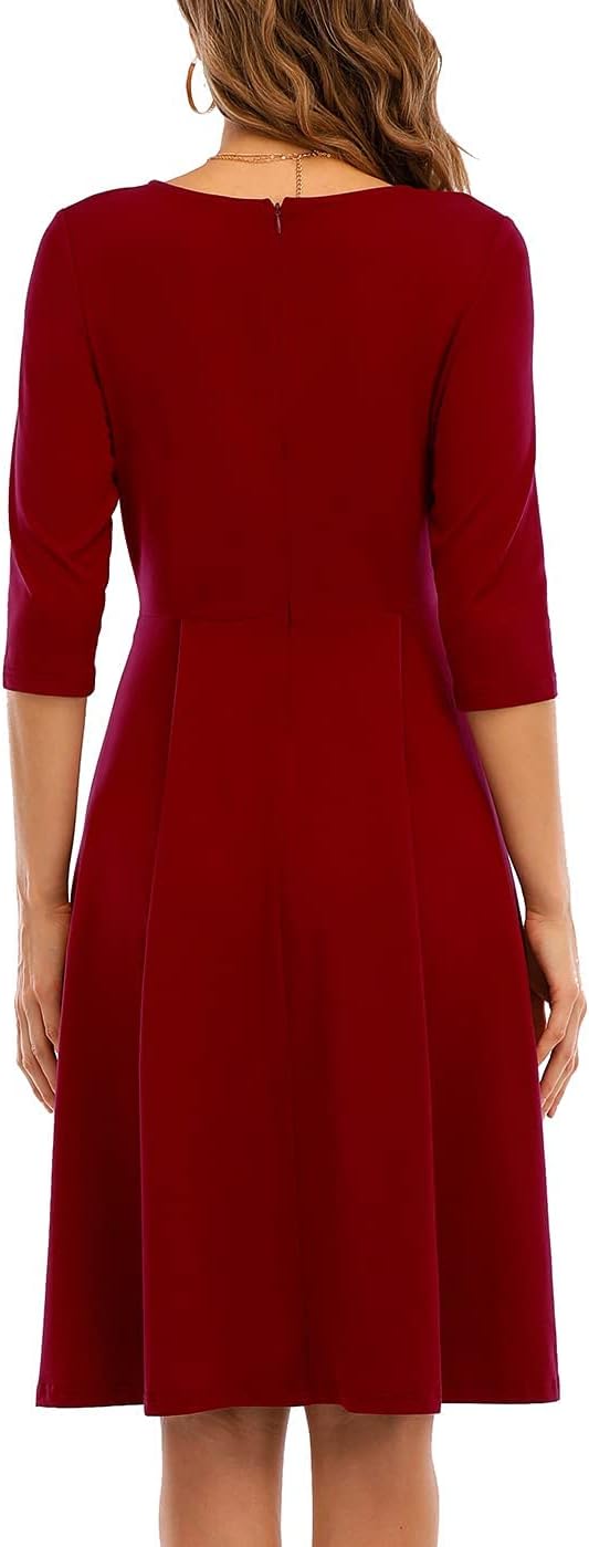 CHARMYI Tshirt Dresses for Women Casual Fall Dresses for Women 3/4 Sleeve T Shirt Dresses for Women Midi Flowy Swing Tunic Modest Elegant Party Cute Empire Waist Dress Knee Length Burgundy L