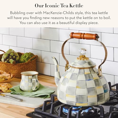 Image of MACKENZIE-CHILDS Tea Kettle, 3 Quarts, Gray-and-White Sterling Check