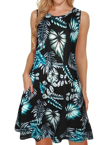 Black and Blue Dresses for Women Summer Beach Sleeveless Sundress Pockets Swing Casual Loose Tshirt Dress(Floral, L)