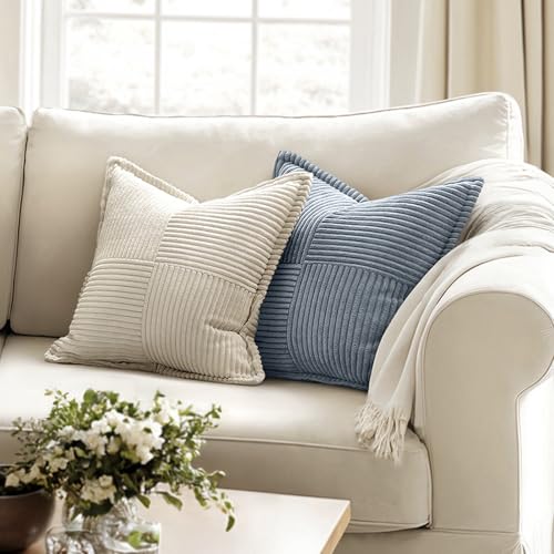 Image of MIULEE Decorative Throw Pillow Covers for Couch Bed Livingroom 20x20 Inch Set of 2 Dustyblue Boho Accent Throw Pllows Broadside Striped Patchwork Soft Corduroy Pillowcases