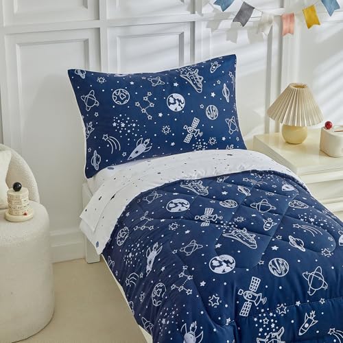 Image of DuShow Navy Blue Toddler Bedding Set for Boys,4 Pieces Space Crib Bed Sheets Set,Soft Toddler Comforter Set in a Bag, Includes Quilted Comforter, Flat Top Sheet, Fitted Sheet, Envelope Pillow Case