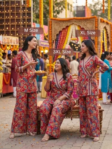 Image of Leriya Fashion Co-Ord Set for Women Stylish | Printed Wrap Top with Palazzo Pants Set | Ethnic Kurta Sets for Woman | Kurti Sets with Sharara Pant | Festive Traditional Indian Outfit