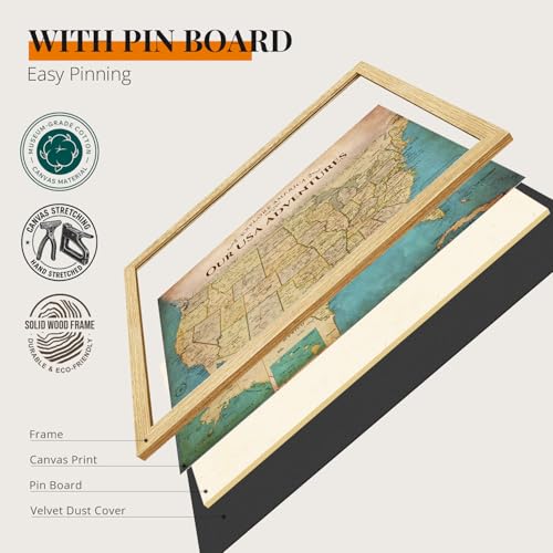 Image of DECORARTS - Large Personalized Push Pin Travel Map USA, Custom Name, Pin Board Canvas Wall Art, Antique Old United States Decor, Optional Wood Frame, Giclee Print, Handcrafted in USA, 35x28''