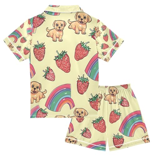 senya Strawberry Puppy Satin Summer Pajama Sets Silk Short Sleeve Button Down Sleepwear2