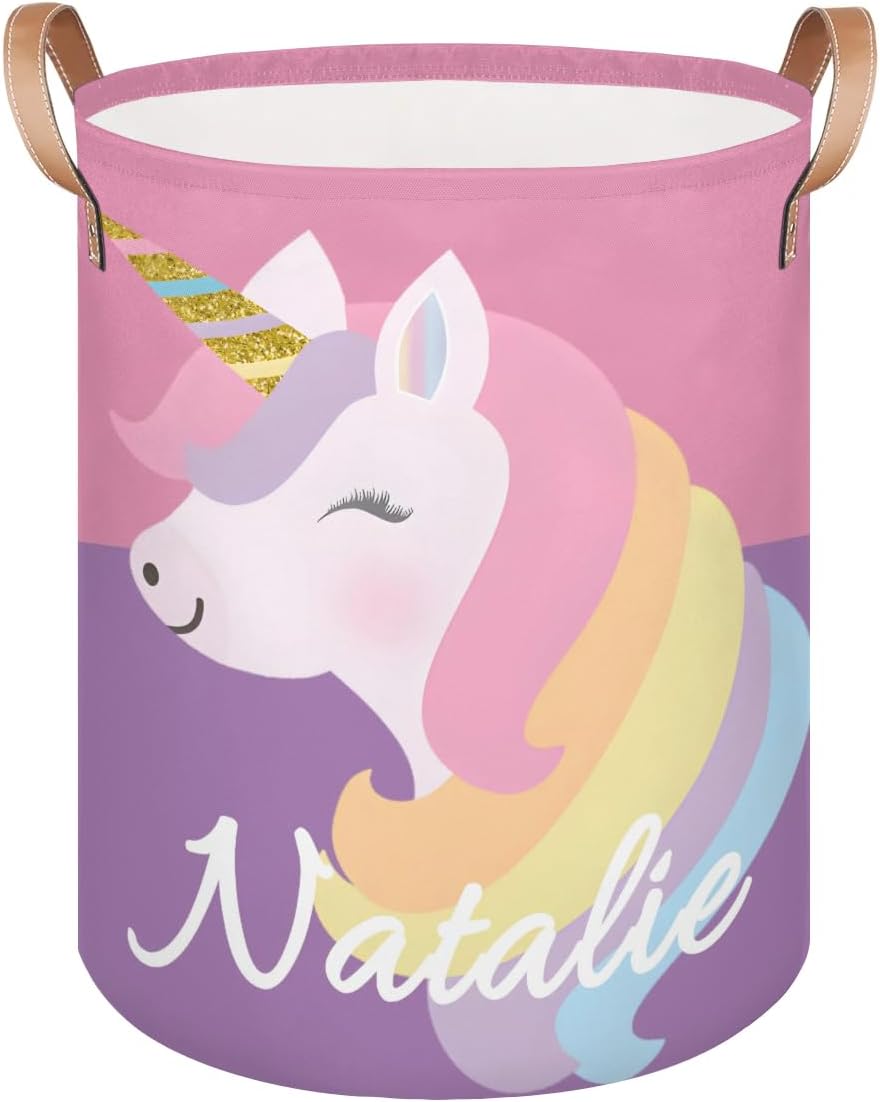 Personalized Laundry Basket, Custom Gift Laundry Hamper, Collapsible Nursery Waterproof Laundry Baskets, Dirty Clothes Toy Hamper with Handles Pink Purple Unicorn