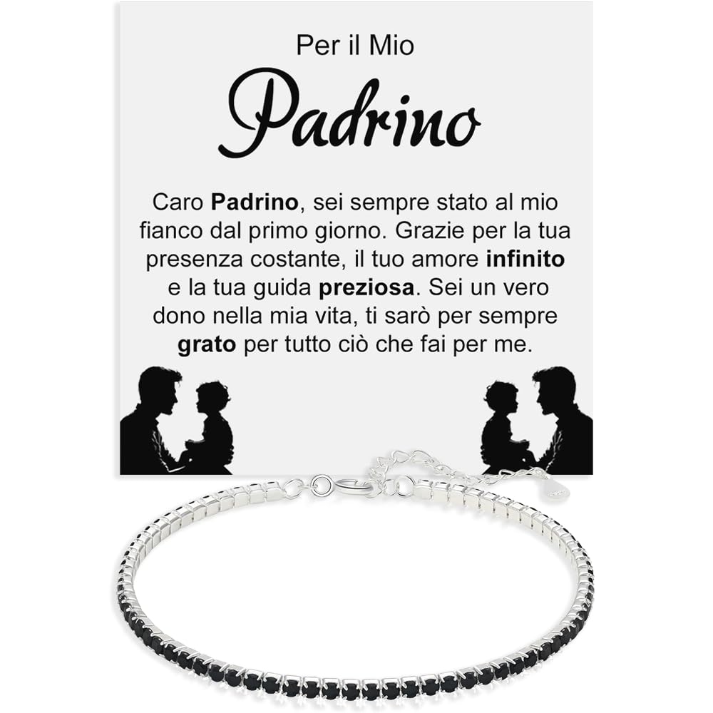 Bracciale Padrino Tennis Uomo con Pietre di Zirconia Cubica Idea regalo Compleanno per lui Finitura in Oro Bianco Argento 925 Comunione Cresima - Cofanetto con DEDICA incluso