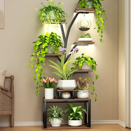 64.5'' Tall Corner Plant Stand Indoor with Grow Lights,8 Tiered Metal Plant Stand for Indoor Plants Multiple,Lighted Tree Shaped Plant Display Stand for Home,Balcony,Wooden Color