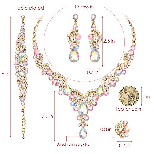 CSY Elegant Iridescent Crystal Necklace Earrings Bracelet Ring Bridal Wedding Costume Jewelry Sets for Brides Women Gifts (Iridescent AB Crystal - Gold tone) - Image 3