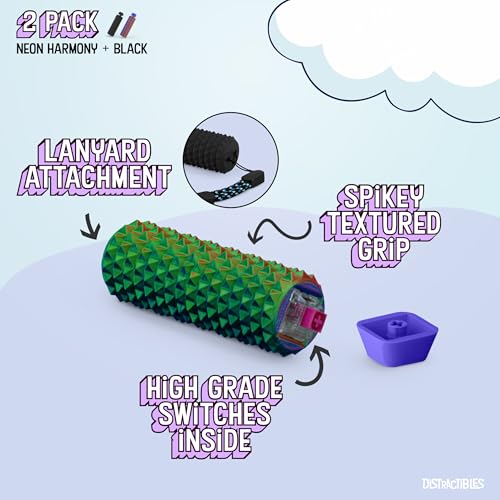 Image of Distractibles Spike Roller Clicker, Tactile Pain Stim Fidget with Clicker Switch, Pain Stimulation Roller with Lanyard (Black + NEON Harmony)