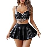 Limmion Sexy Damen Dessous Rave Outfits für Frauen Sexy Glitzer Halter Bikini BH Mini Röcke Unterwäsche Set Pailletten Fransen Cosplay Latex Minrock für Festival Tanz Clubwear Party (Schwarz, XL)