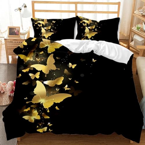 Parure de lit papillon doré avec housse de couette noire et imprimé floral unique - 2