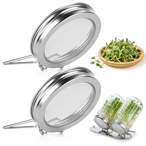 2 Pcs Sprouting Lids for Wide Mouth Mason Jars, Stainless Steel Reusable One-Piece Sprouting Jar Lids Kit with Built-In Stand, Seed Germination Sprouts Growing Kit for Organic Alfalfa & Mung Bean