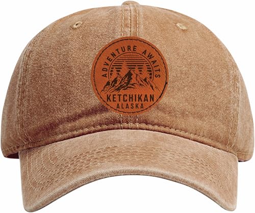 R and R Imports Ketchikan Alaska Adventure Awaits Souvenir Dad Hat Unisex Soft Baseball Cap with Engraved Leather Patch Coffee
