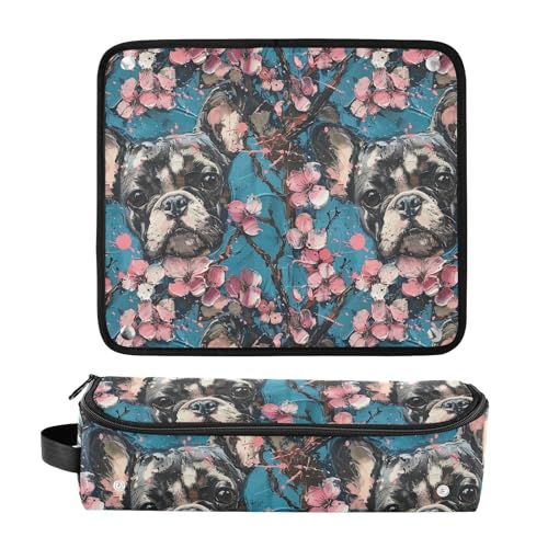 Bolsa de viaje para herramientas de cabello para mujer con tapete removible resistente al calor, bolsa de doble capa para plancha alisadora y accesorios de cuidado capilar, diseño Flor de Cerezo French Dog miniatura 3