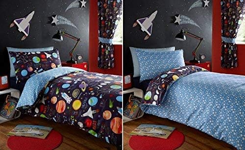 Kidz Club Planets Double Duvet Cover and 2 Pillowcase Set Bedding for Boy's Kidz Sun Mars and Moon, Polyester-Cotton, Dark Blue