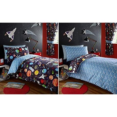 Kidz Club Planets Double Duvet Cover and 2 Pillowcase Set Bedding for Boy's Kidz Sun Mars and Moon, Polyester-Cotton, Dark Blue Cover